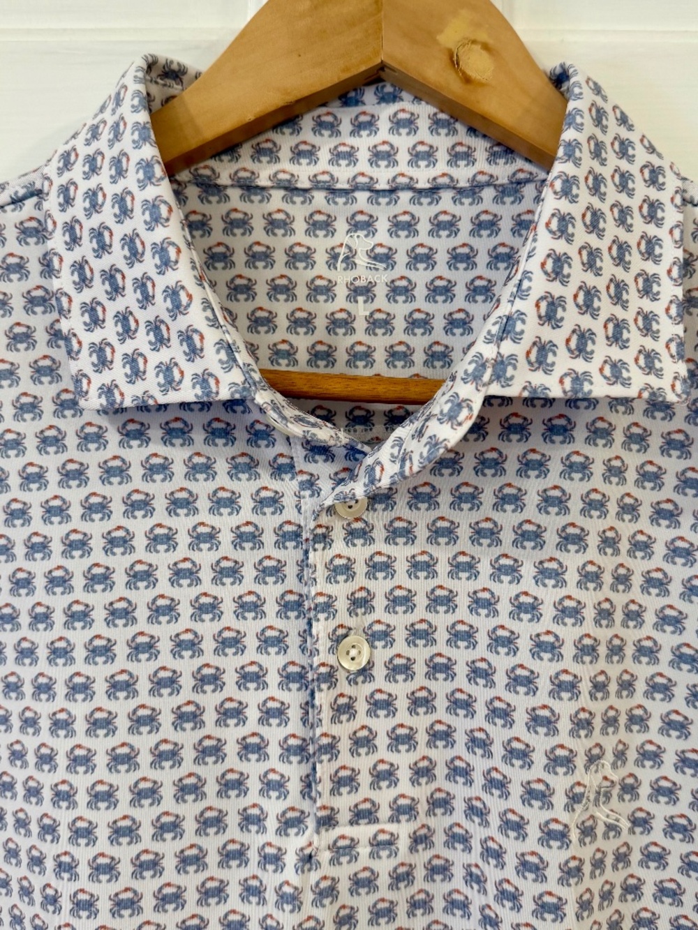 Rhoback Men’s Short Sleeve Performance Polo “The Blue Crab” Size Large
